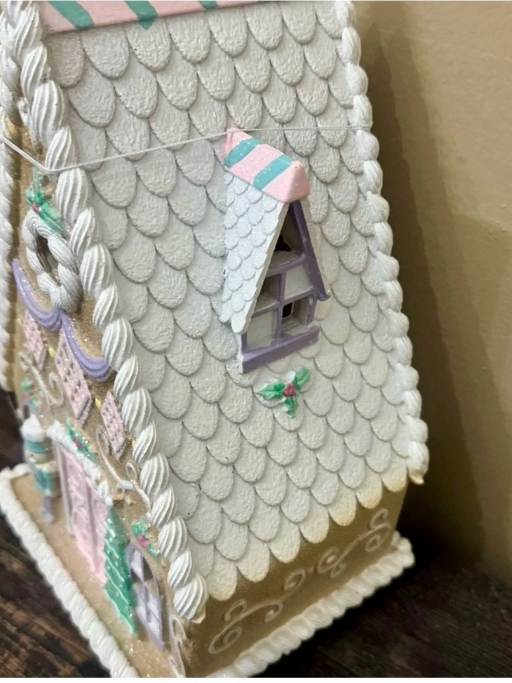 Holiday Pastel Gingerbread Birdhouse - Pink & White Decorative Home Accent